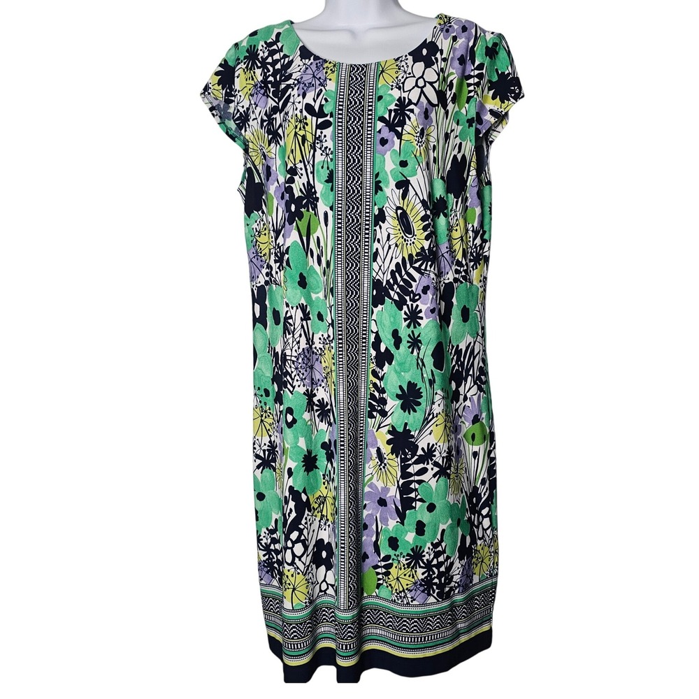 Floral Mod Midi Dress Cap Sleeve Green Garden Party 14 DB Established 1962 Retro